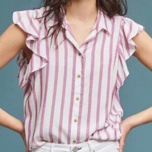 Anthropologie Maeve Fairhope Striped Ruffle Sleeve Button Down Blouse Pink XS